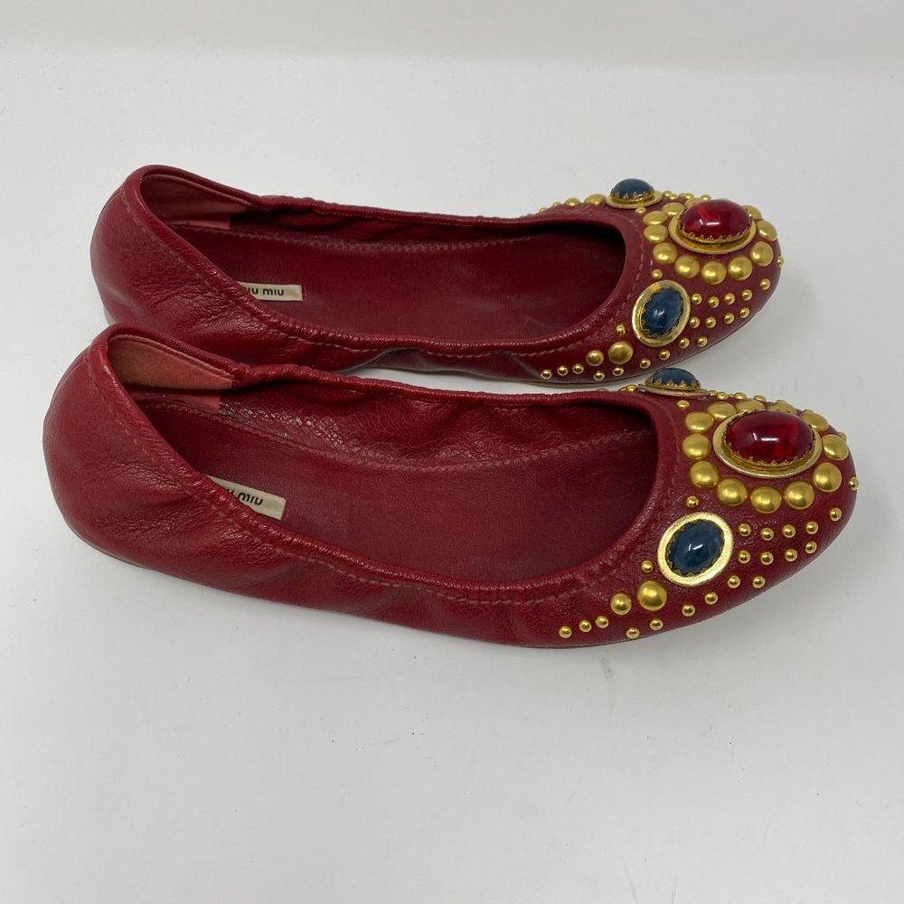 miu miu leather studded & jeweled slip on flats